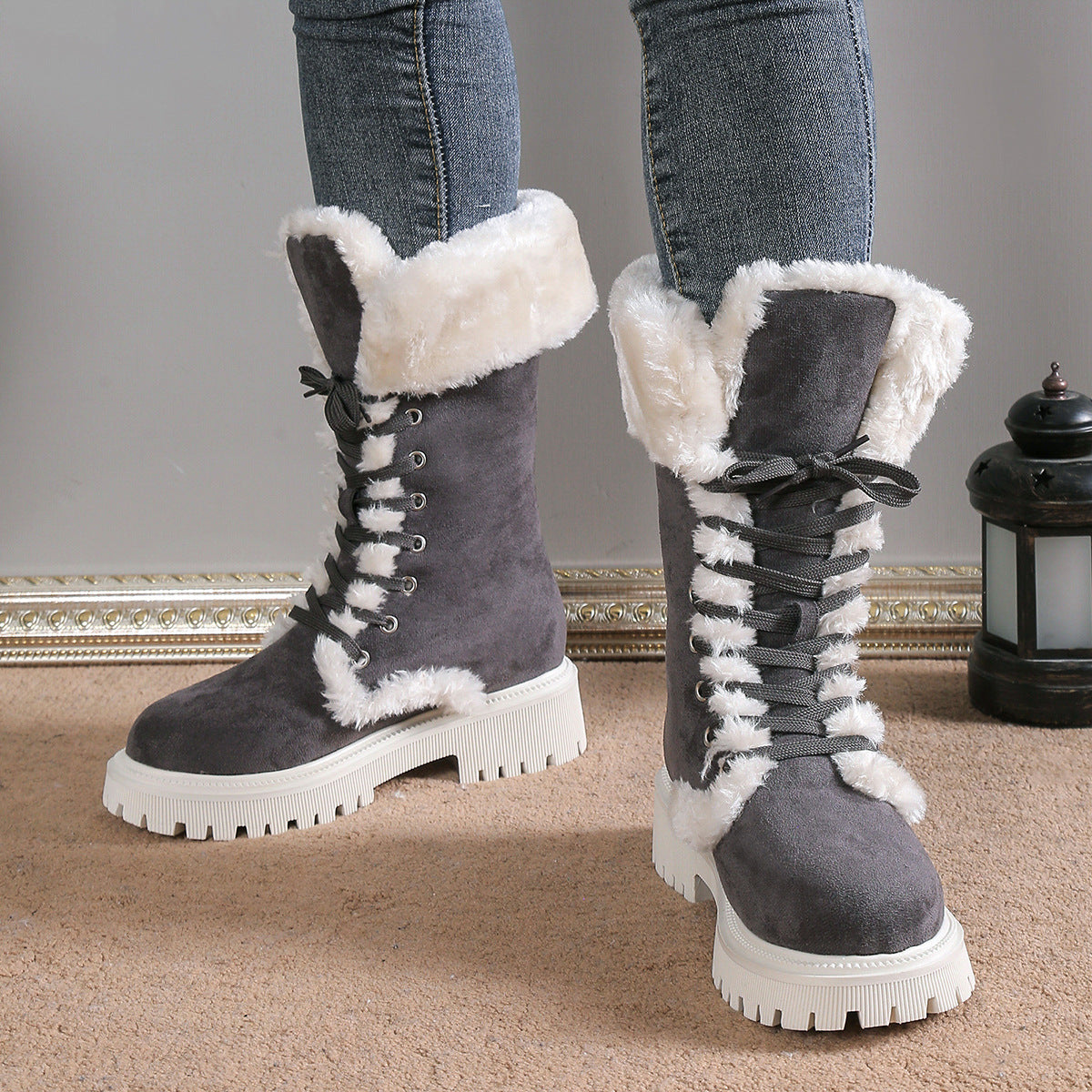 Bootara Winter New Women's Velvet Mid-Tube Cotton Boots with Thickened Lining and Height-Enhancing Design