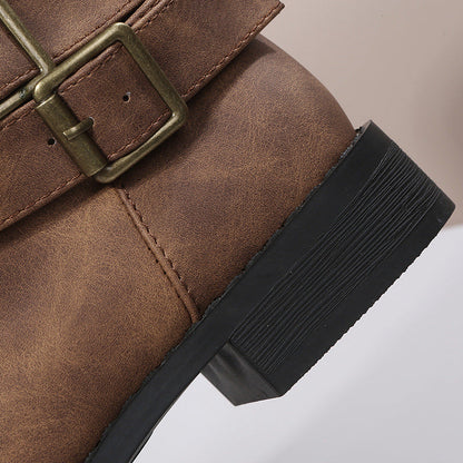 Bootara Women's Matte PU Buckle-Detailed Slouch Boots - Crushed Texture Stacked Mid-Calf Flat Boots (US 5-10.5)